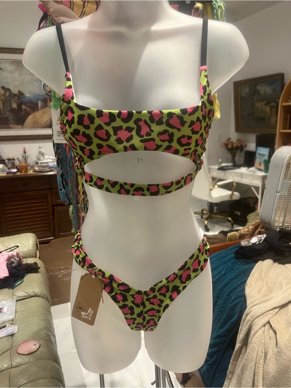 Yandy Neon Pink and Green Leopard Cutout Bikini